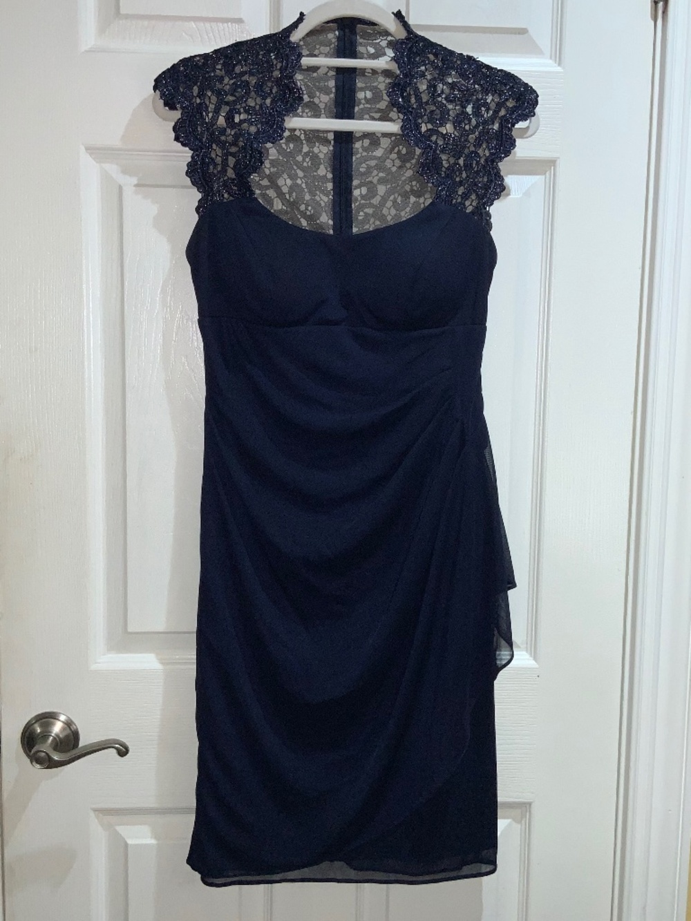 Xscape navy blue cocktail midi dress Sz 6  lace top ruched skirt cocktail formal